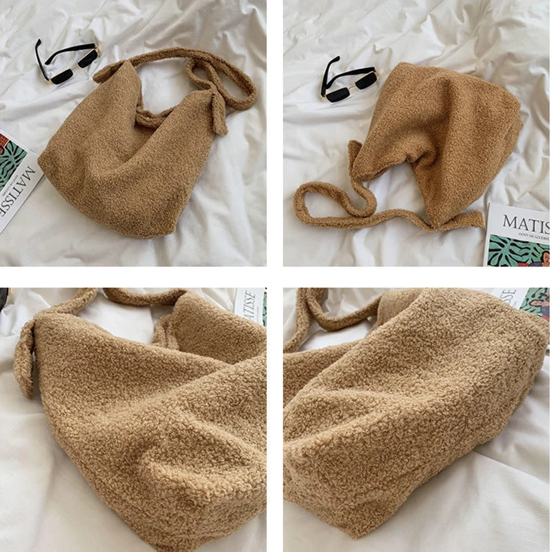 

Autumn Lambswool Shopping Bags Women Cute Student Japanese Style Kawaii Sling Solid Simple Trendy All-match Large Capacity Bag