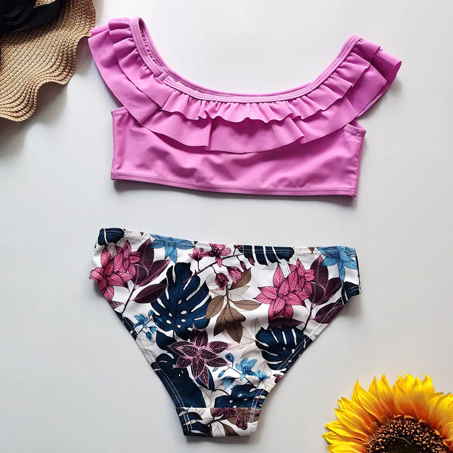 Женский купальник с открытыми плечами бикини оборками для девочек-подростков
