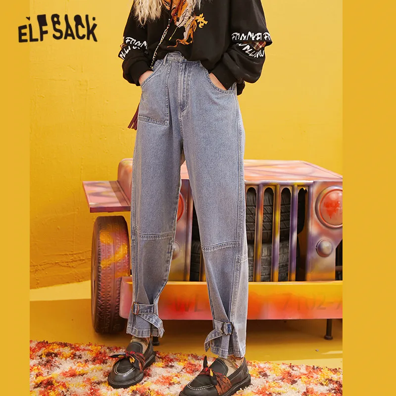 ELFSACK синие одноцветные на шнуровке вымытые прямые повседневные джинсы для женщин