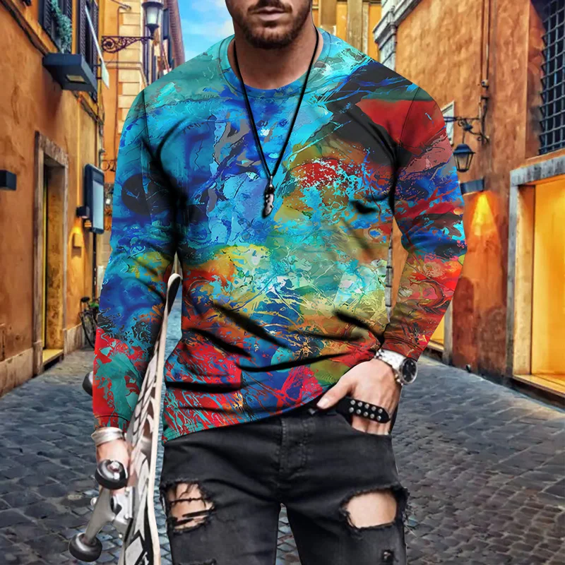 

2021 New Loose Hip Hop Hot Air Men's Shirt Color Graffiti Personality Casual Oversize Base Shirt Long Sleeve