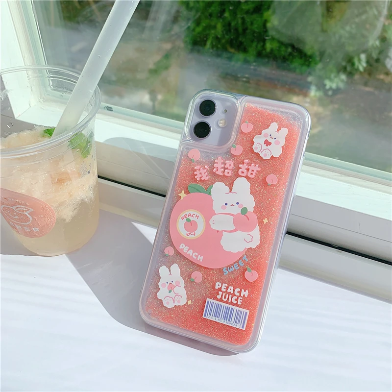 Animal Peach Glitter Quicksand Phone Case For iPhone 11 12 Pro Max XR X XS Max 6 6s 7 8 Plus SE 2020 Phone Cover Accessories