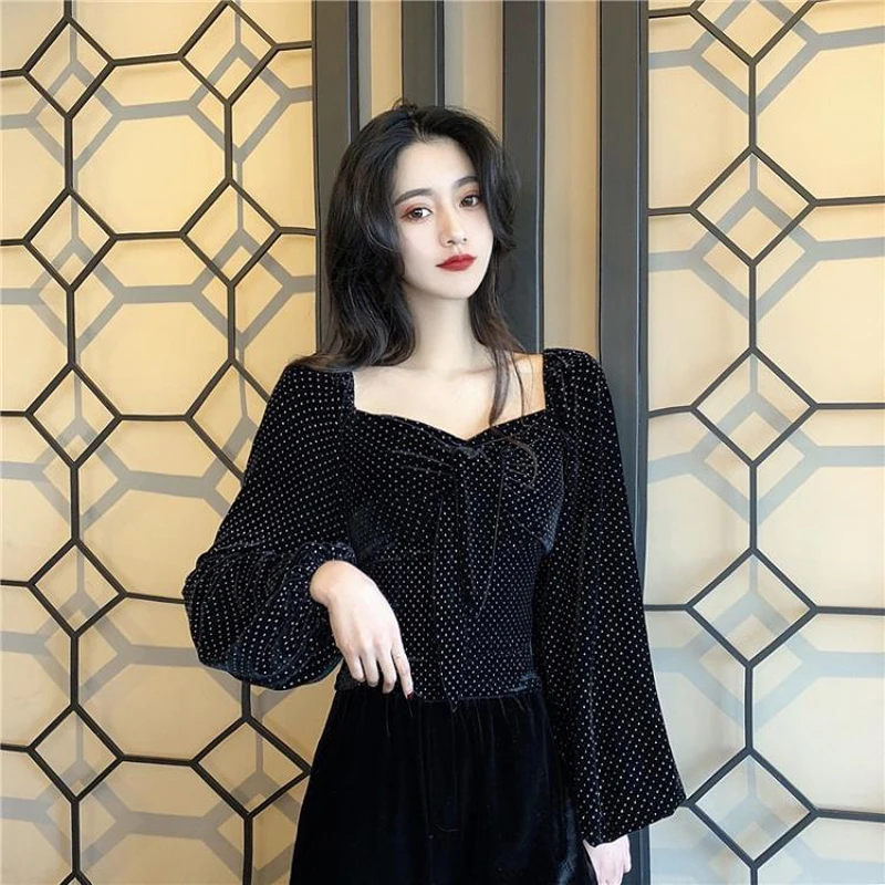 

Autumn winter women blouse velvet shirts tops sweet vintage long-sleeved dot v-neck blouses casual loose ladies tops female