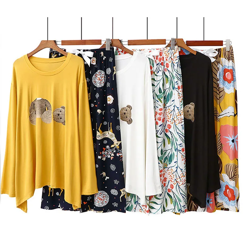 

2 Pieces Cotton Pajamas Set Summer Spring Women Loose Casual Sleepwear Long Sleeve Nightgown Female Lady Sample Pyjamas Pijama