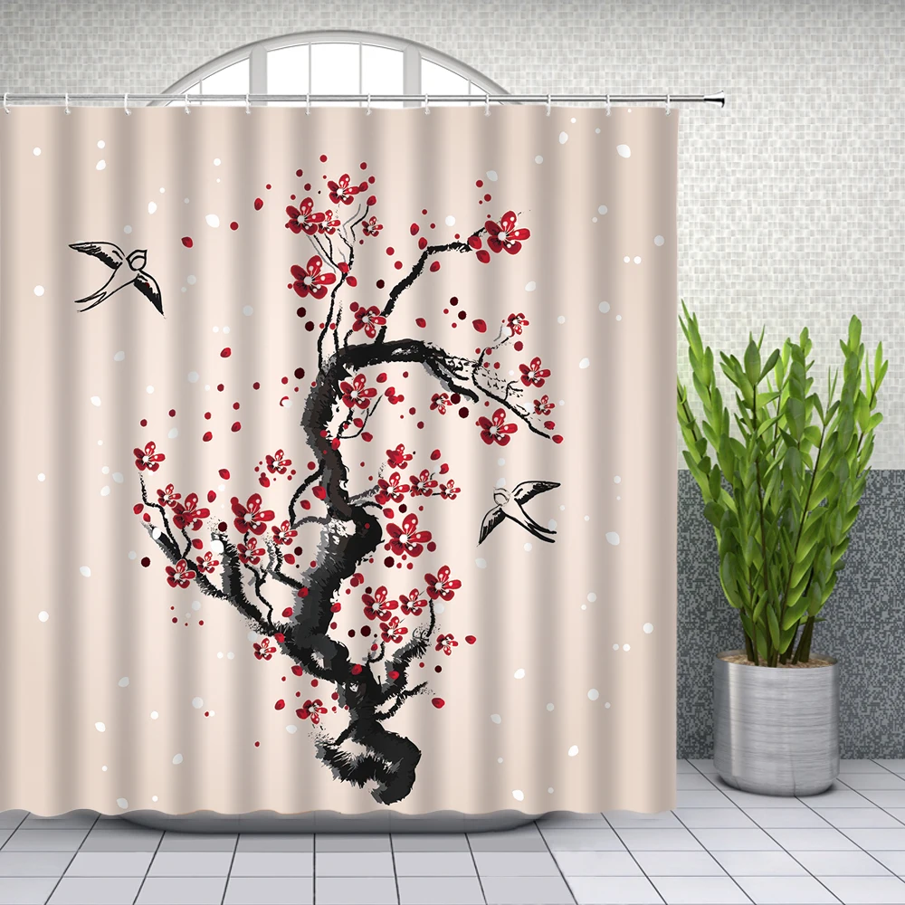 

Chinese Style Ink Painting Shower Curtains Set Tree Plant Themed Bathroom Decor Waterproof Polyester Bathtub Curtain With Hooks