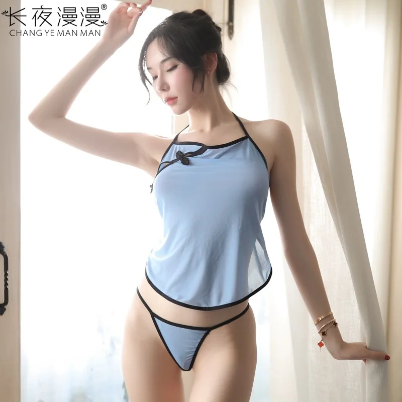 

Long night new Republic of China cheongsam uniform women's sexy underwear perspective dress nightdress hair