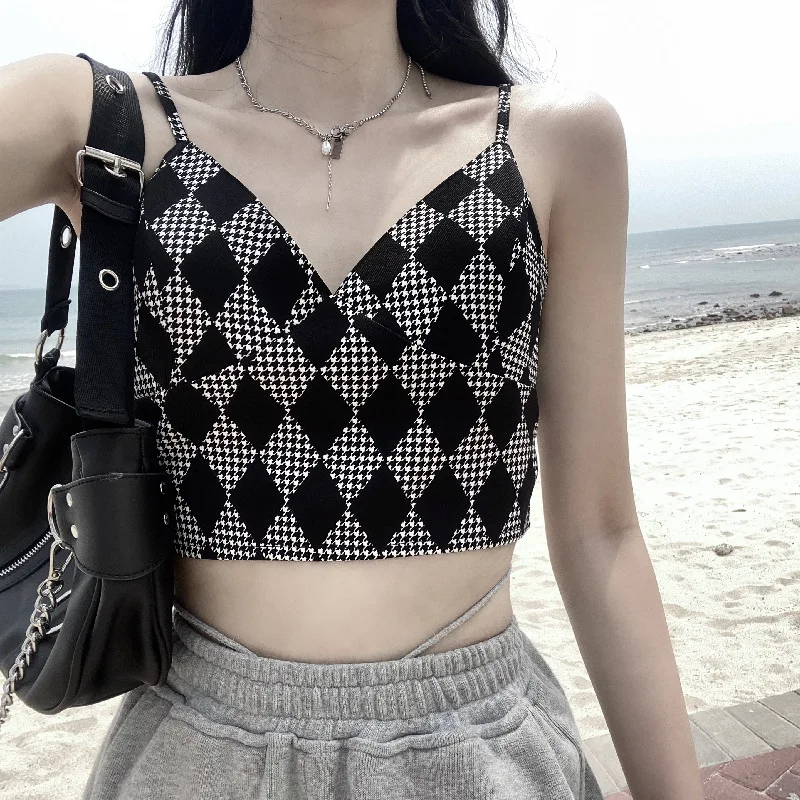 2021 New Black Argyle Plaid y2k Kawaii Camisole Women Harajuku Vintage Spaghetti Strap Milkmaid Sexy Crop Top Corset Summer 90s
