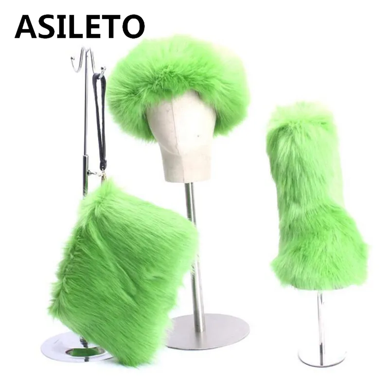 ASILETO Women Winter Shoes Boots Furry Genuine Real Hairy Eskimo Female Feather Fluffy Bootie Outdoor With Bag Headband T554