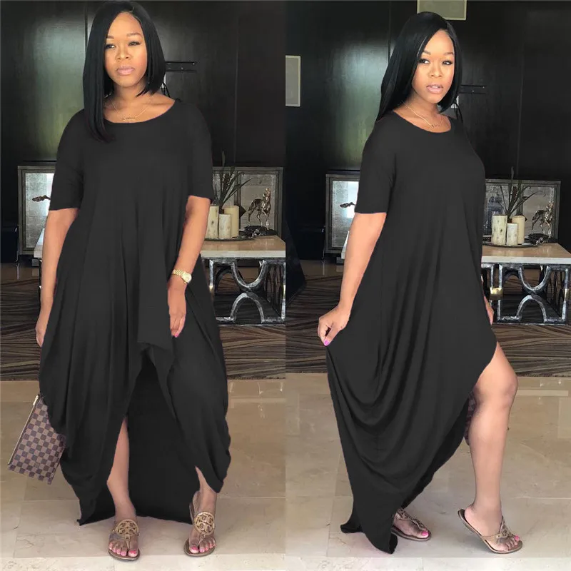 

Loose Size Solid Summer Loose Casual Dress Women O-neck Short Sleeve Ruched Irregular Long T-shirt Dress Streetwear Maxi Dress