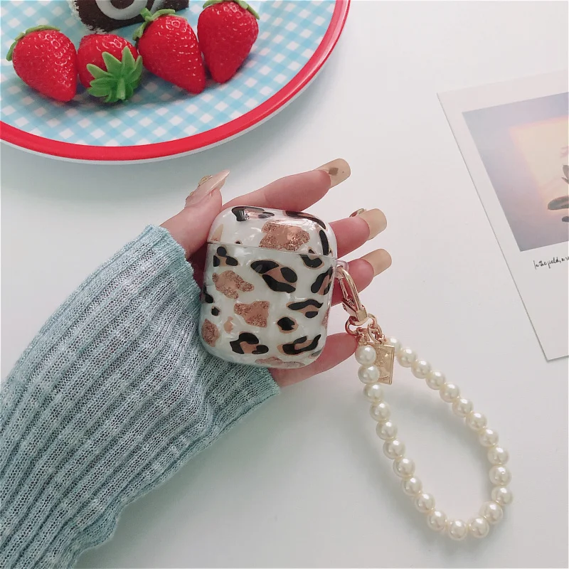 

Glossy Leopard Pattern Silicone Earphone Case For AirPods Headset Cover For AirPods 2/1 Case With Cute Pearl Bracelet Anti-lost