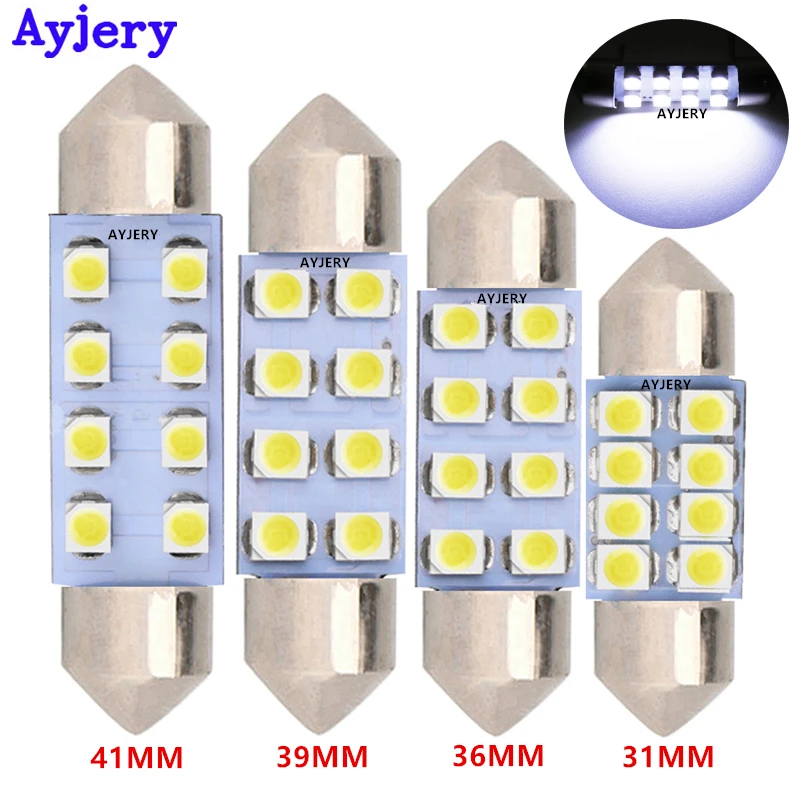 

AYJERY 50pcs 12V C5W Festoon Dome Light 1210 8 SMD 3528 LED Bulb 31mm 36mm 39mm 41mm White Auto Interior License Plate Lights