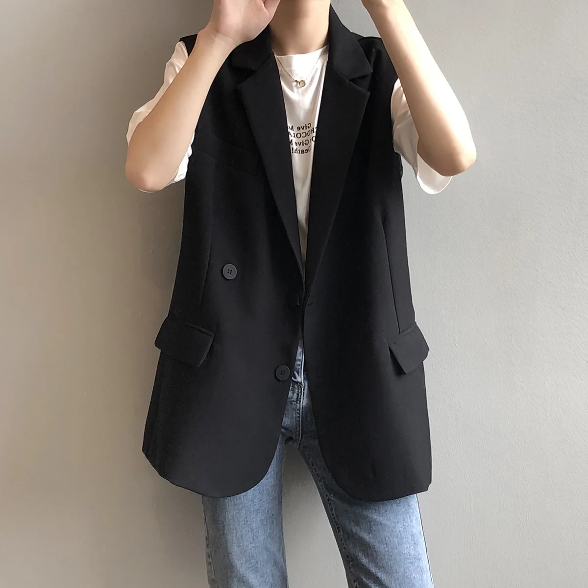 

Spring Autumn Women's Vest Korean Style Black Turn-down Collar Double Breasted Sleeveles Vests Office Lady Chalecos Para Mujer