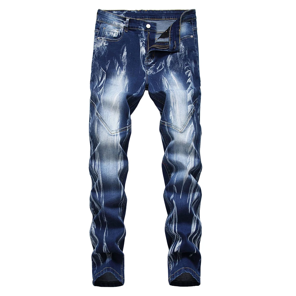 

Men Stretch Denim Jeans Slim Straight Bleached Pants Blue Spliced Trousers
