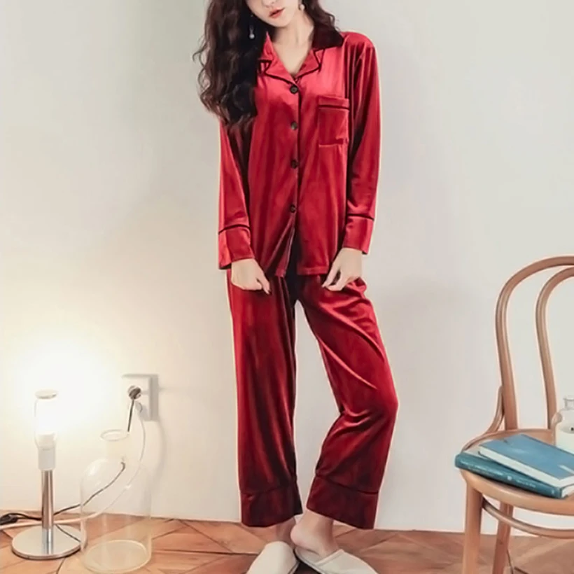 

Осенняя теплая велюровая Пижама, женский зимний пижамный комплект, одежда для сна, золотой бархатный топ и штаны, пижамы для девочек, домашн...