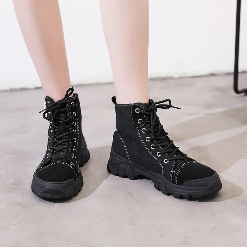 Осенние женские ботинки Повседневная парусиновая обувь Женские однотонные