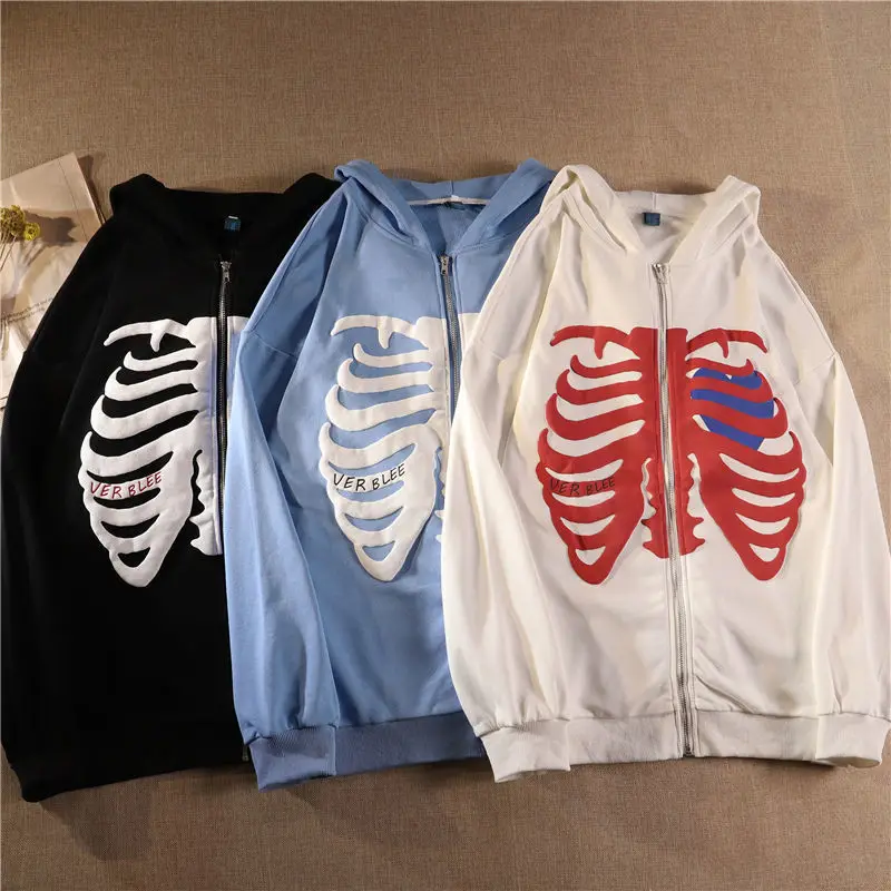 

American Fashion Hot-selling Skeleton Printing Anime Men Women Long-sleeved Zipper Hoodie Jacket Loose Streetwear Pullover
