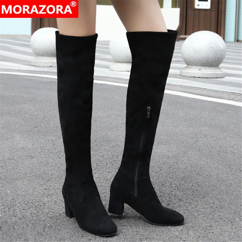 Женские ботфорты из флока MORAZORA черные однотонные длинные сапоги выше колена на