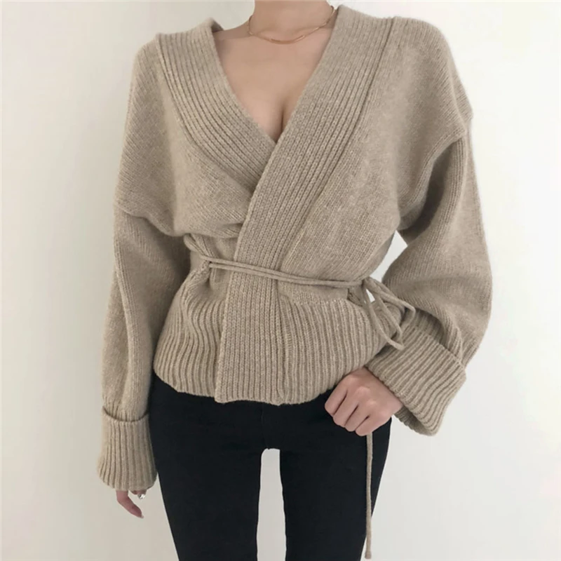 SHENGPALAE 2019 Autumn Winter Loose Chalaza Knitting Cardigan Women Long Sleeve V Collar Korean Fashion Sweater Woman FT032 |