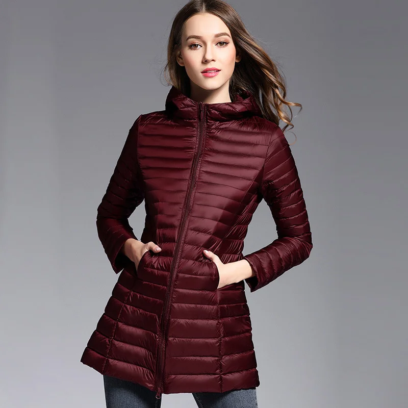 

Autumn and winter women's slim lightweight down jacket women's medium and long hooded long white duck down jacket with