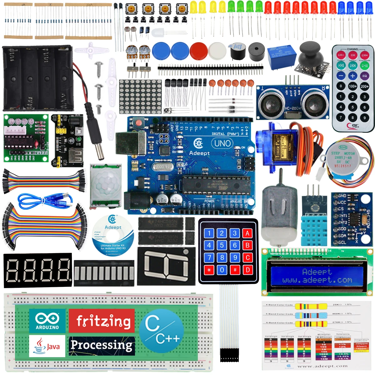 

Adeept Ultimate Starter Kit for Arduino UNO R3, LCD1602, Servo Motor, Relay, Processing and C Code, Kit with 140 Pages PDF