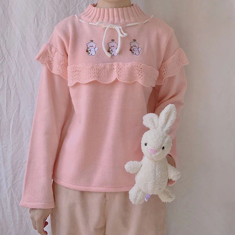 Japanese Cute Girls knit Sweater Women Kawaii Lace Embroidery Turtleneck Knitted Pullovers Winter Preppy Style Loose Jumper Tops |