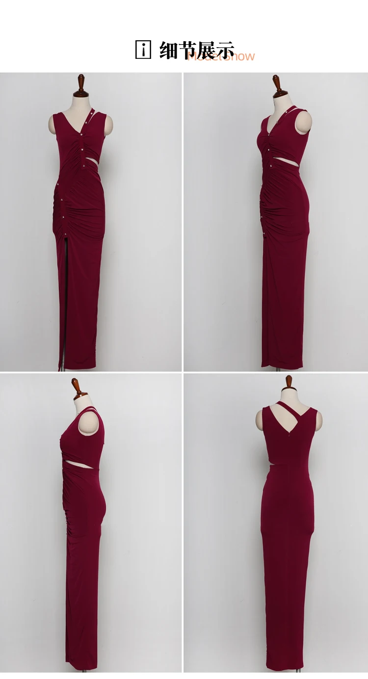 

Spring Burgundy Sheath Long Cloth Oblique Shoulder Solid V-Neck Sleeveless Vest Split Ankle-Length Maxi Dresses For Women