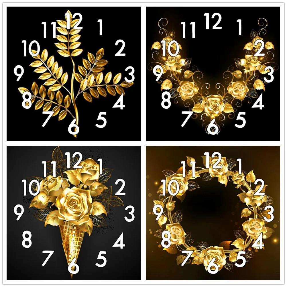 

Dpsprue Full Diamond Painting Cross Stitch With Clock Mechanism Mosaic 5D Diy Square Round Gold Flower 3d Embroidery Gift HG012