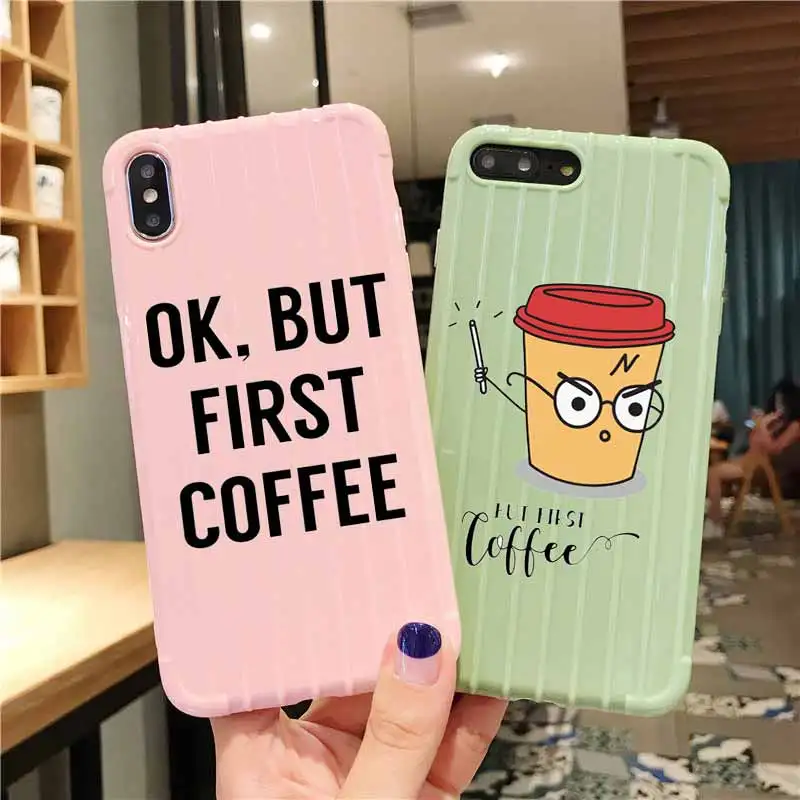 Ok But First Coffee Trolley Suitcase Texture Phone Case IPhone 11 Pro Max X XS MAX 8 7 6S Plus Cute Candy Color Casing | Мобильные
