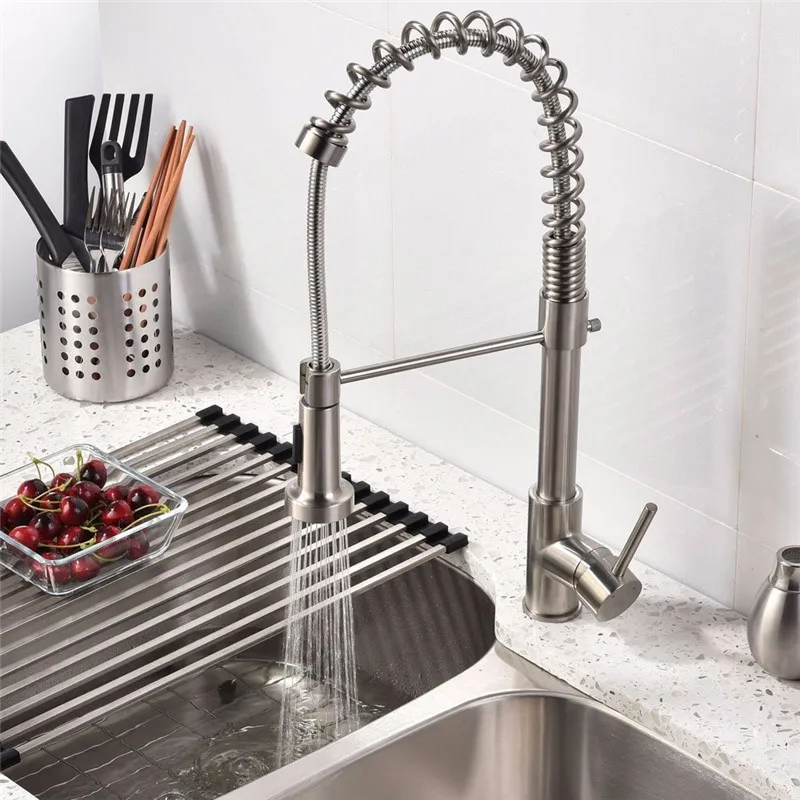

Xueqin 360 Degree Rotation Pull Out Kitchen Faucets Brushed Nickel Finished Single Handle Tap Spout Water Mixer Tap Deck Mounted