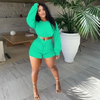casual solid sportswear draped two piece sets women full sleeve crop topruched bodycon shorts matching sets loungewear outfits