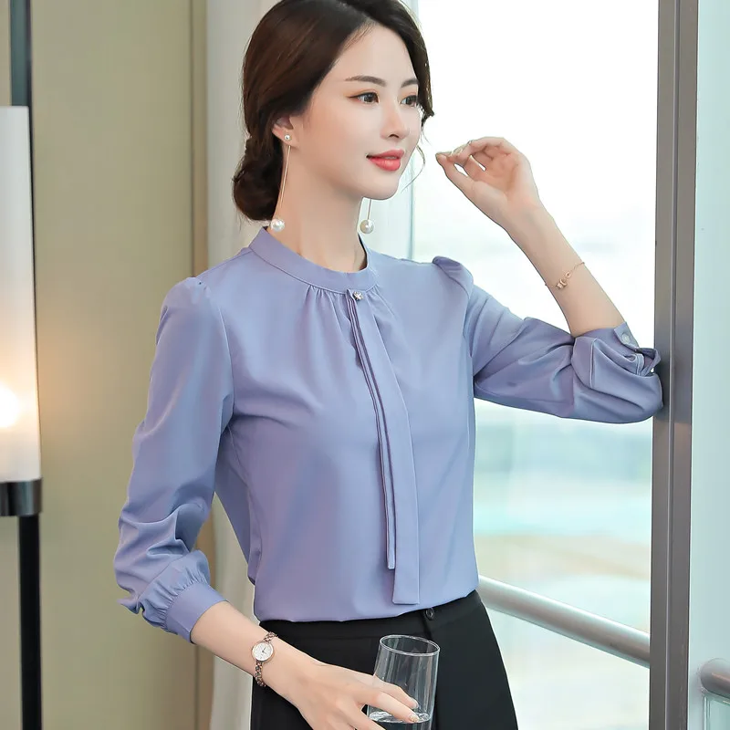 Женская шифоновая рубашка элегантная приталенная Деловая блузка с бантом и