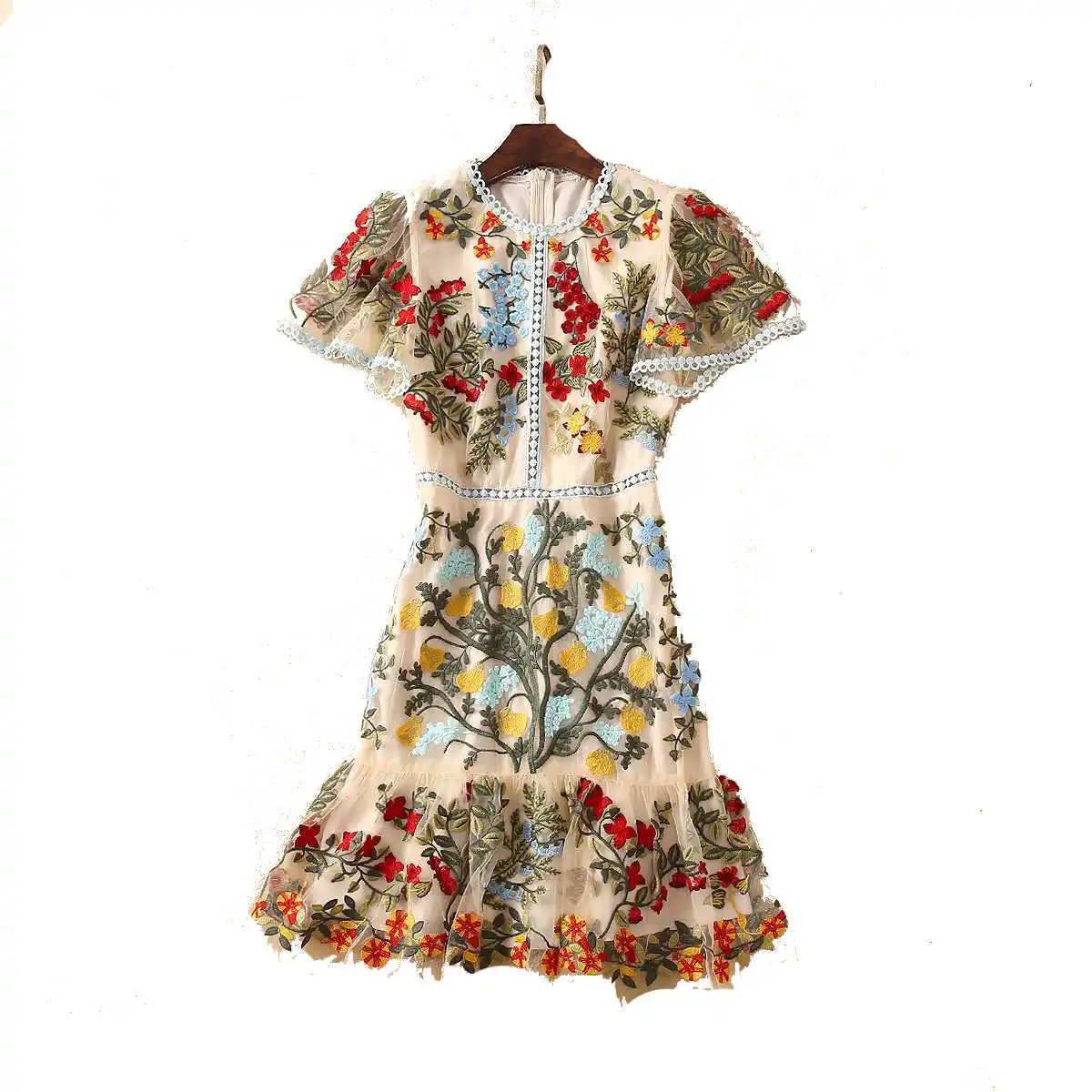 

spring and summer women's round neck short sleeve heavy mesh embroidery medium length dress