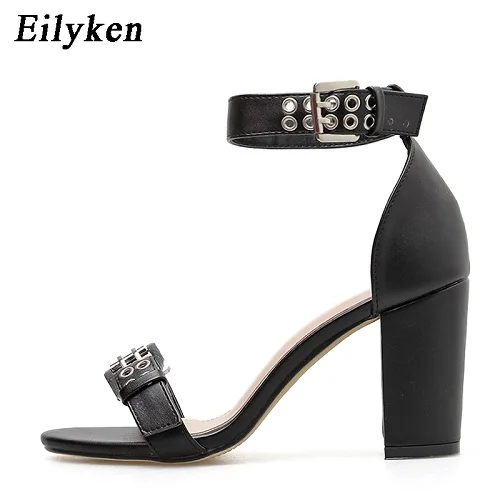 EilyKen/Новинка года; модные босоножки; женские босоножки с ремешком на щиколотке и пряжкой; Босоножки с открытым носком на высоком квадратном каблуке; модельные туфли-лодочки; Цвет Черный - Цвет: Black