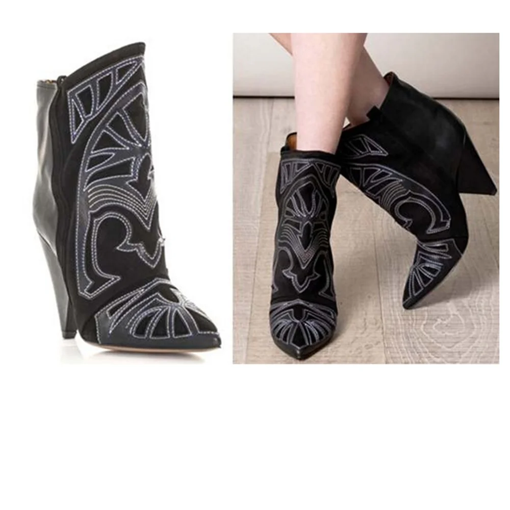 Hot Selling Classic Style Ankle Leather Wedged Boots Vintage Totem Pointed Toe Slip-On High Heels Amazing Fashion Newest boots