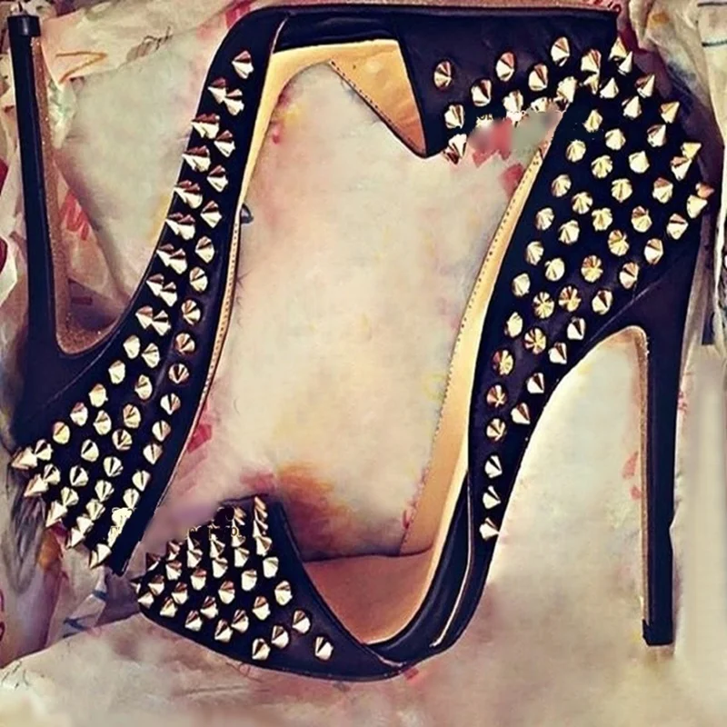 

Full Rivets Studded High Heel Shoes Pointed Toe Cut-outs Black Leather Spikes Shoes Heel Shallow Banquet Party Pumps 12CM