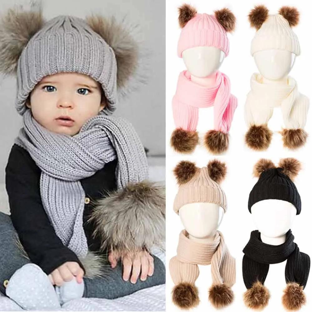 2 Pieces Set Baby Cute Winter Kids Hats Keep Warm Knit Wool Beanie Fur Pom Bobble Hat Crochet Cap Scarf Set#g4 |