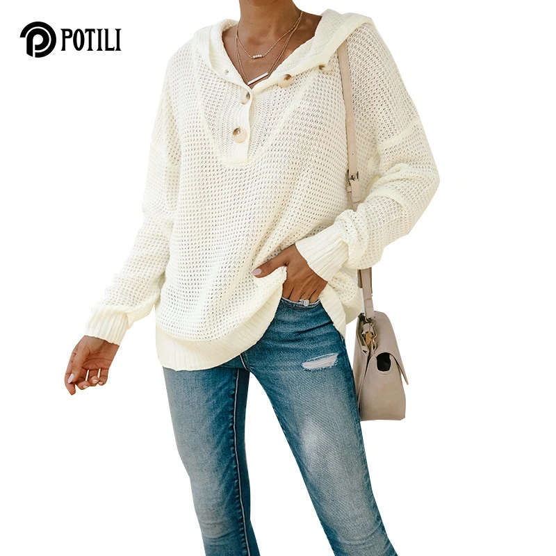 

POTILI Hoodies Sweatshirts Woman Fashion Solid White Black Sweater Autumn Winter Hip Hop Hooded Female Brand Casual Knitted Tops