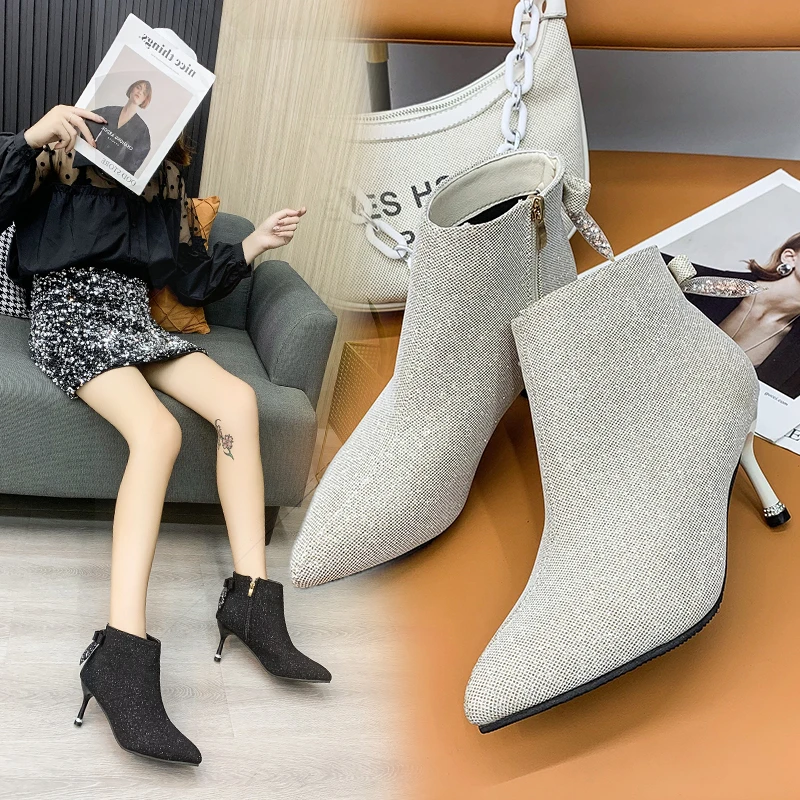 

2022 New Autumn Winter Fashion PU Leather Ankle Boots Women Thin High Heels Party Boot Female Side Zip Pointed Toe Chelsea Boots