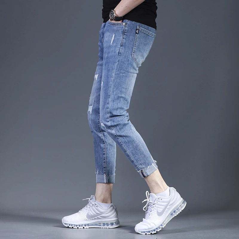 Summer Men's Blue Ripped Jeans Casual Slim Fit Ankle-Length Pants Korean Style Denim Trousers