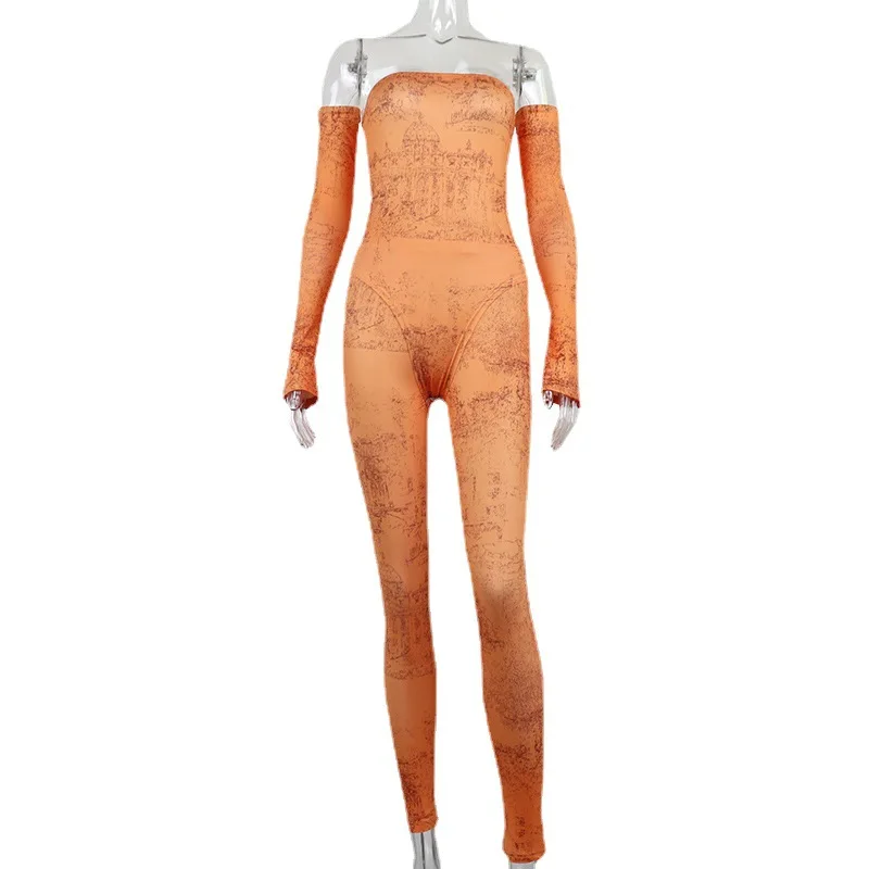 Новый костюм с принтом контрастных цветов открытыми плечами длинными рукавами и