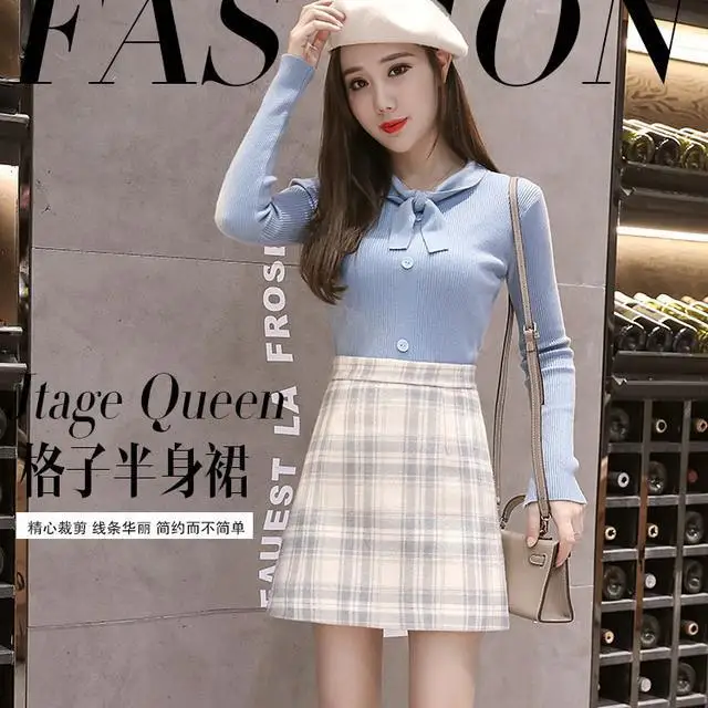 

Autumn and Winter Fashion Plaid Women's High Waist Plaid A- line Dress Woman Skirts Faldas Jupe