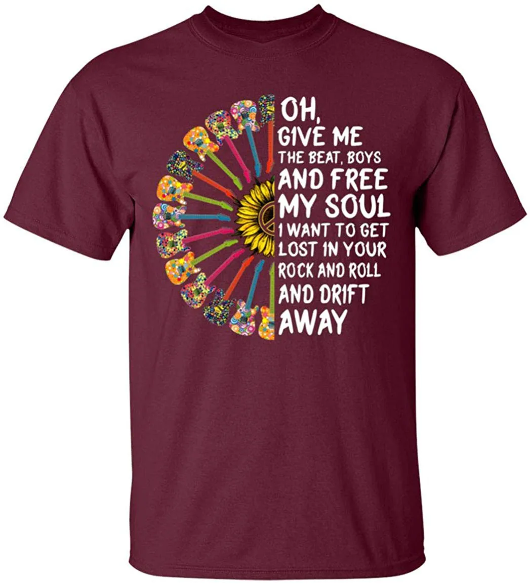 Футболка с надписью Oh Give Me The Beat Boys And Free My Soul Hippie Guitar Sunflower Мужская Женская модель |