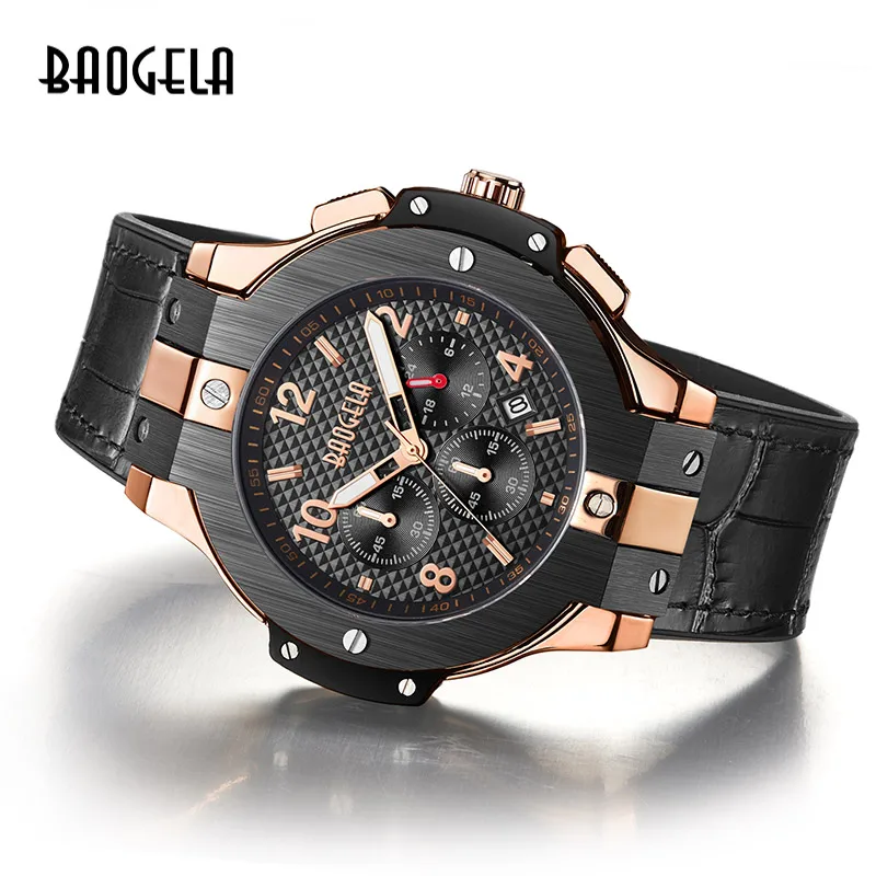 BAOGELA marque hommes montre Quartz ou bande caoutchouc 3ATM résistant A l'eau chronographe 1909|Кварцевые мужские часы| |
