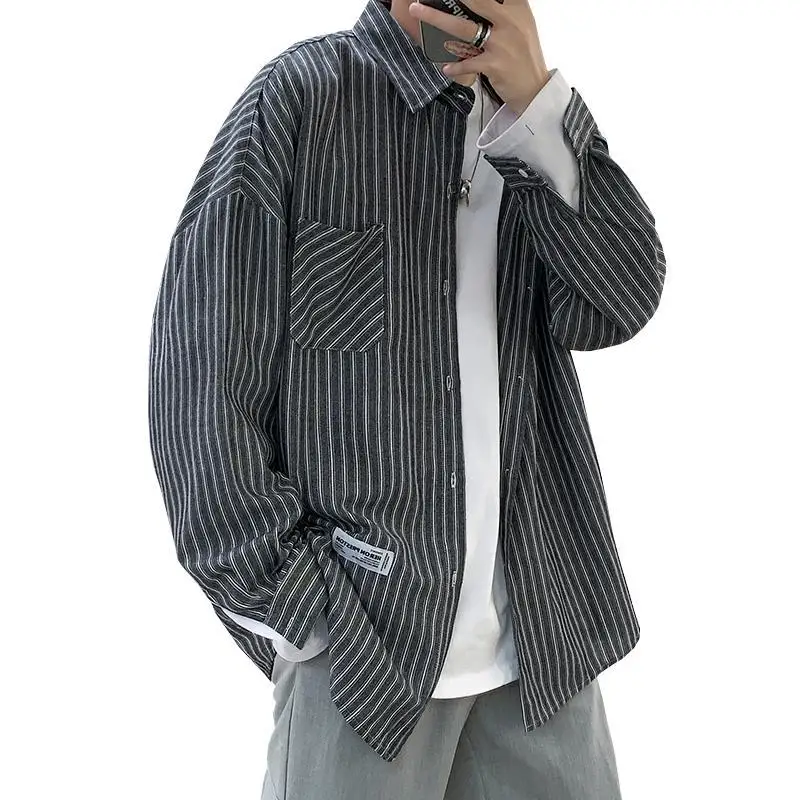 

Spring/fall 2021 Japanese Streetwear Men New Striped Shirt Long Sleeve Korean Trend Ins Vintage Fashion Loose Casual Top