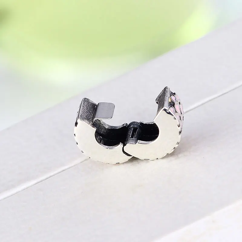 925 пробы серебро Проложить Розовое эмалированное сердце бисера стопор клип Fit