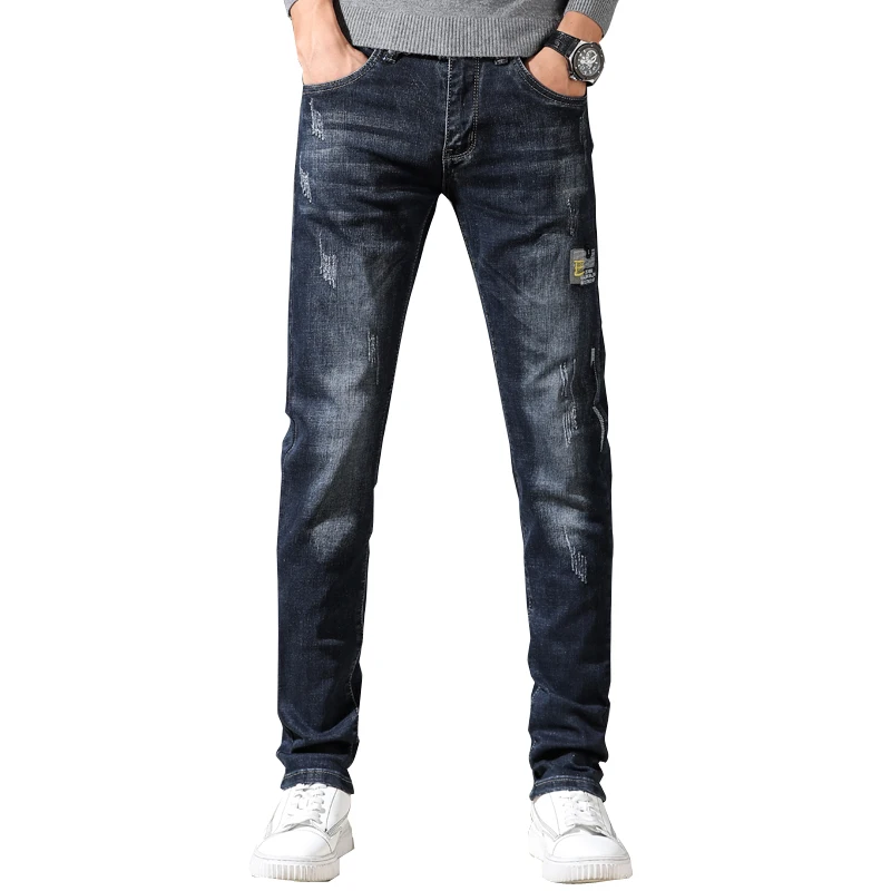 Джинсы Для мужчин Сезон весна осень Тонкие прямые джинсы темно синие стретчевые
