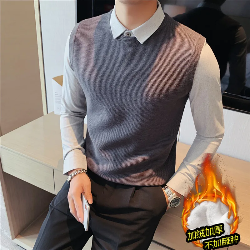 

Autumn Winter Thick Warm Sweater Men Clothing Fashion Fake-2pieces Slim Fit Shirt Spliced Casual Pullovers Knitted Pull Homme