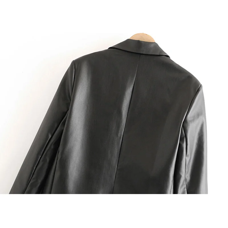 

FTLZZ Women Fashion PU Faux Leather Loose Blazer Coat Vintage Pockets Long Sleeve Back Vents Female Outerwear Casual Chic Tops