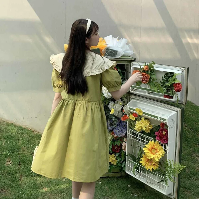 

Heydress 2021 summer elegent peter pan collar short sleeve solid women high waist dress A-line loose casual cute female Vestidos