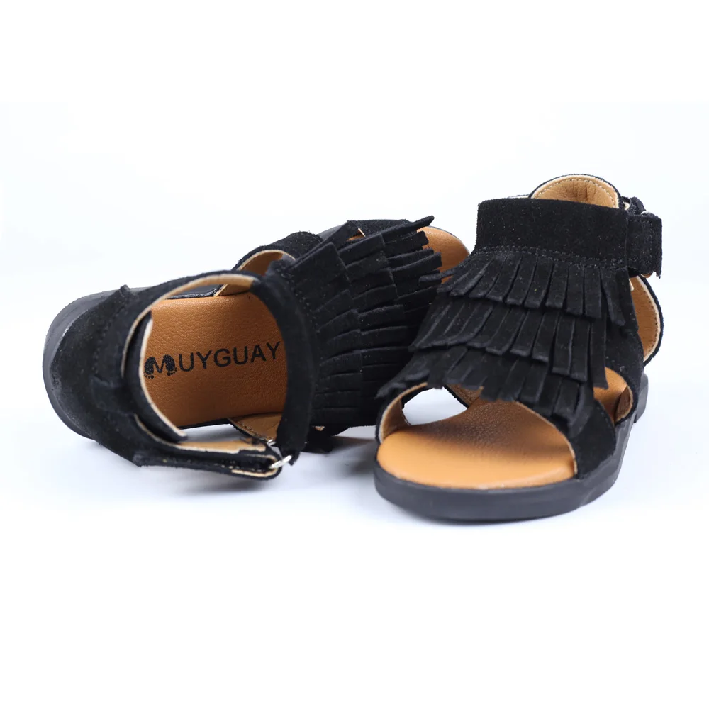 Muyguay-sandalias de piel aut&eacute;ntica para ni&ntilde;as peque&ntilde;as, zapatos planos de verano con borlas, suela de goma antideslizante, color blanco-5
