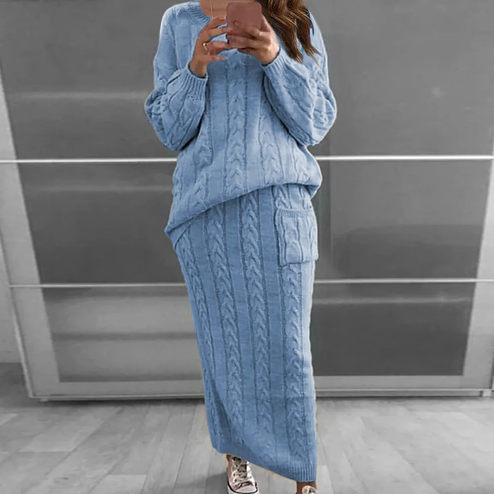 

Women Knitted Set Long Sleeve Pullover Sweater+Strap Dress Sets Solid Knit 2 Piece Set Ladies Casual Knitted Suit